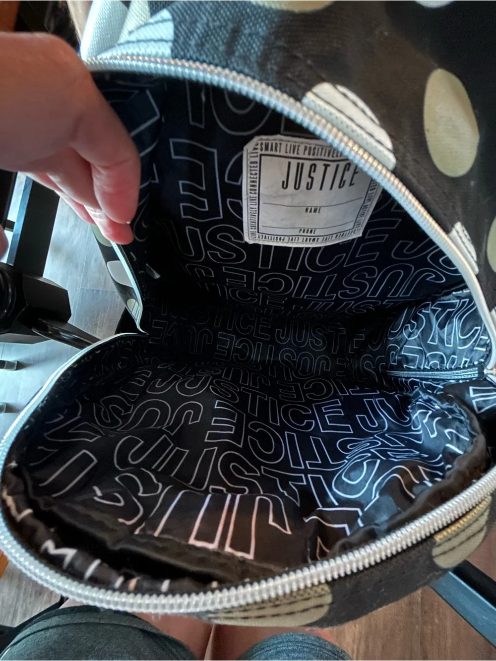 Justice Black, White & Gold Polka Dot Backpack with Metallic M